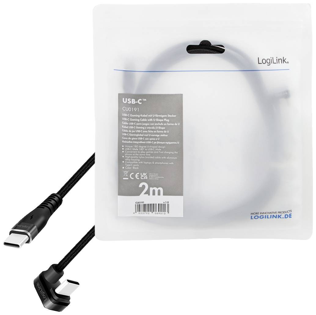 'LogiLink USB-C-kabel, 2 meter, svart, med vinklad anslutning, i plastförpackning.'