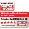 'Highlight Digital Home 1/2024' utmärkelse för Telestar DABMAN i560 CD. 'Allround musiksystem från 200 euro'. Betyg: 'Pris/prestanda: mycket bra', 5 stjärnor.
