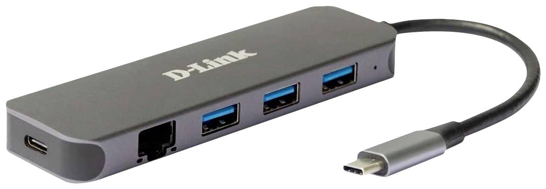 En USB-C-hubb från D-Link med tre USB 3.0-portar, en HDMI-port och en Ethernet-port för att utöka anslutningsalternativen.
