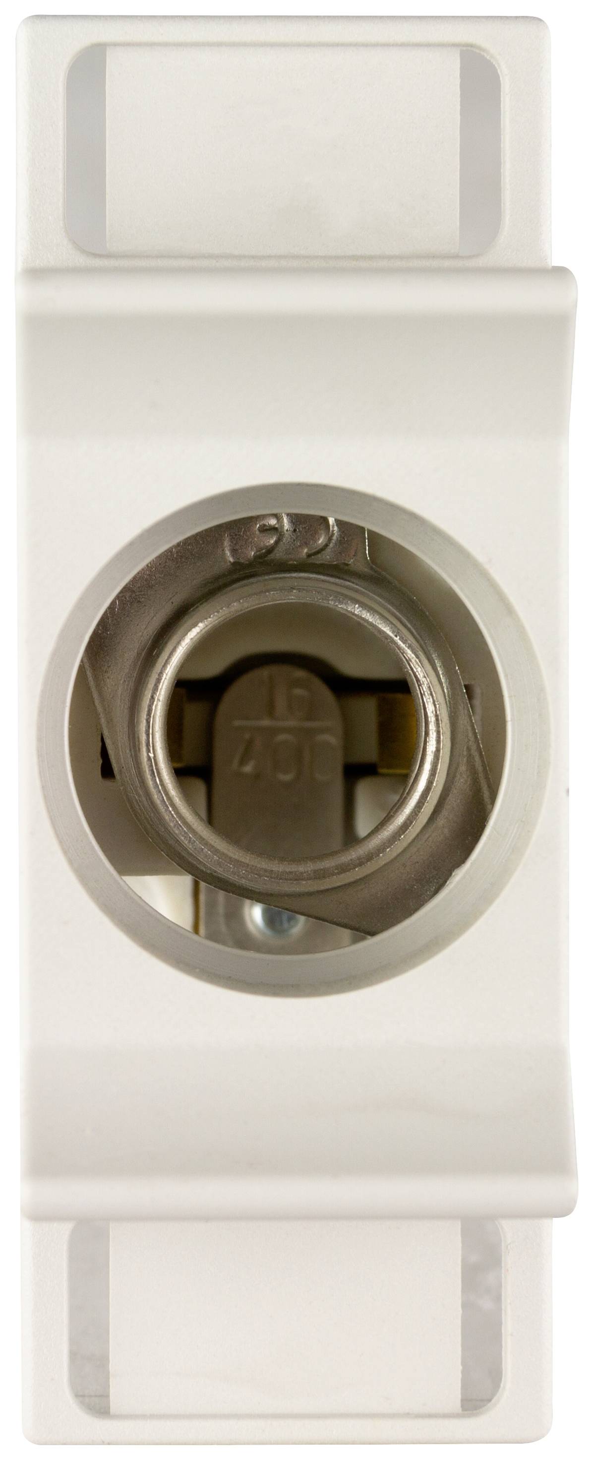 Metallsäkring i vit hållare, visad ovanifrån, med synligt runt metalliskt element i mitten.