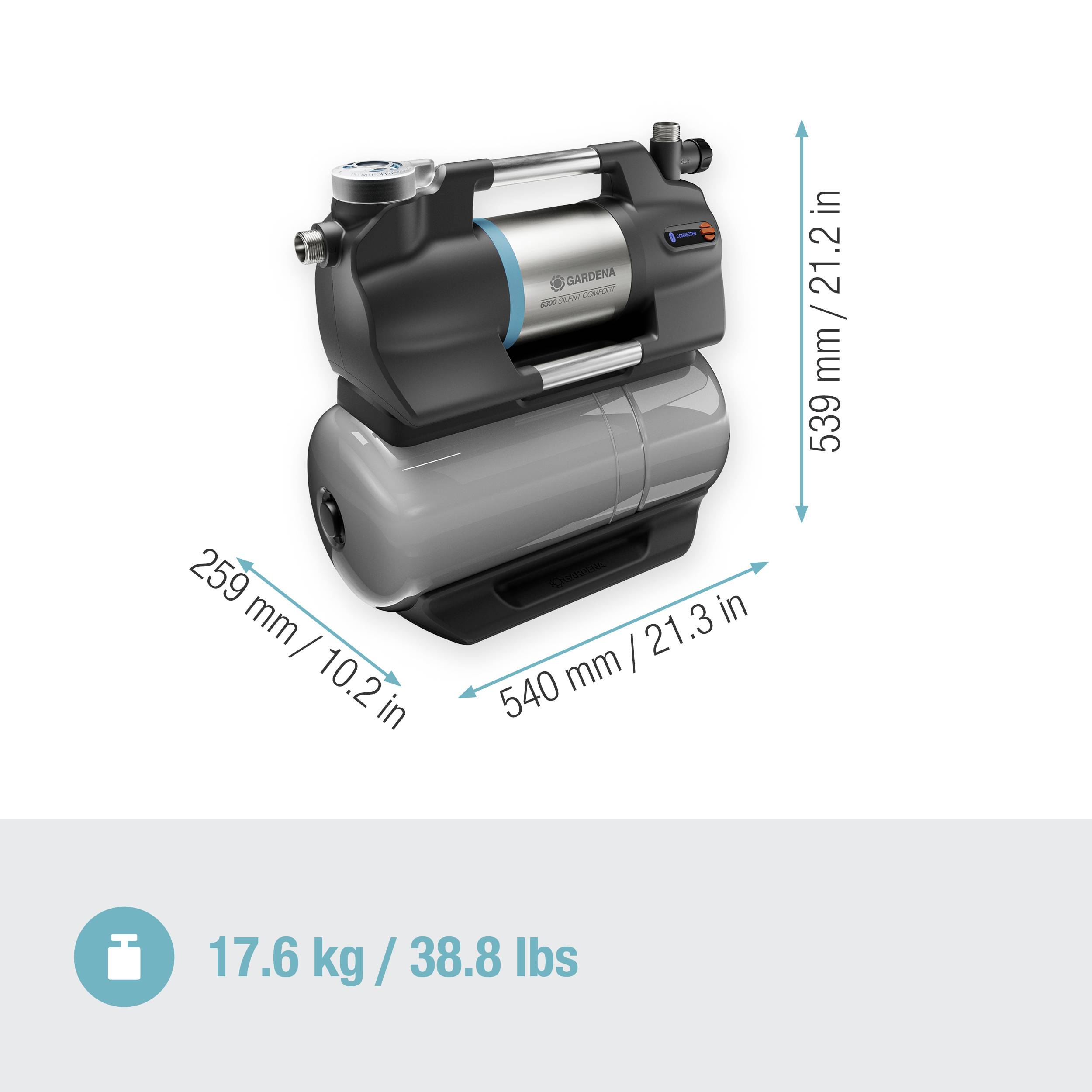 Kompakt vattenpump i grå färg med måtten: höjd 539 mm, bredd 259 mm, längd 540 mm. Vikt: 17,6 kg.