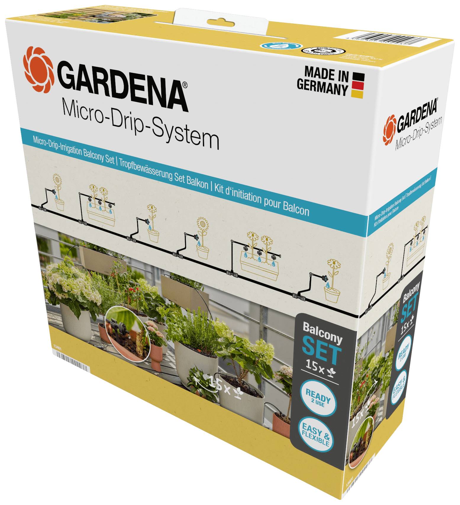 Gardena Micro-Drip-Systems förpackning för balkonger. Innehåller 15 delar för enkel och flexibel droppbevattning.