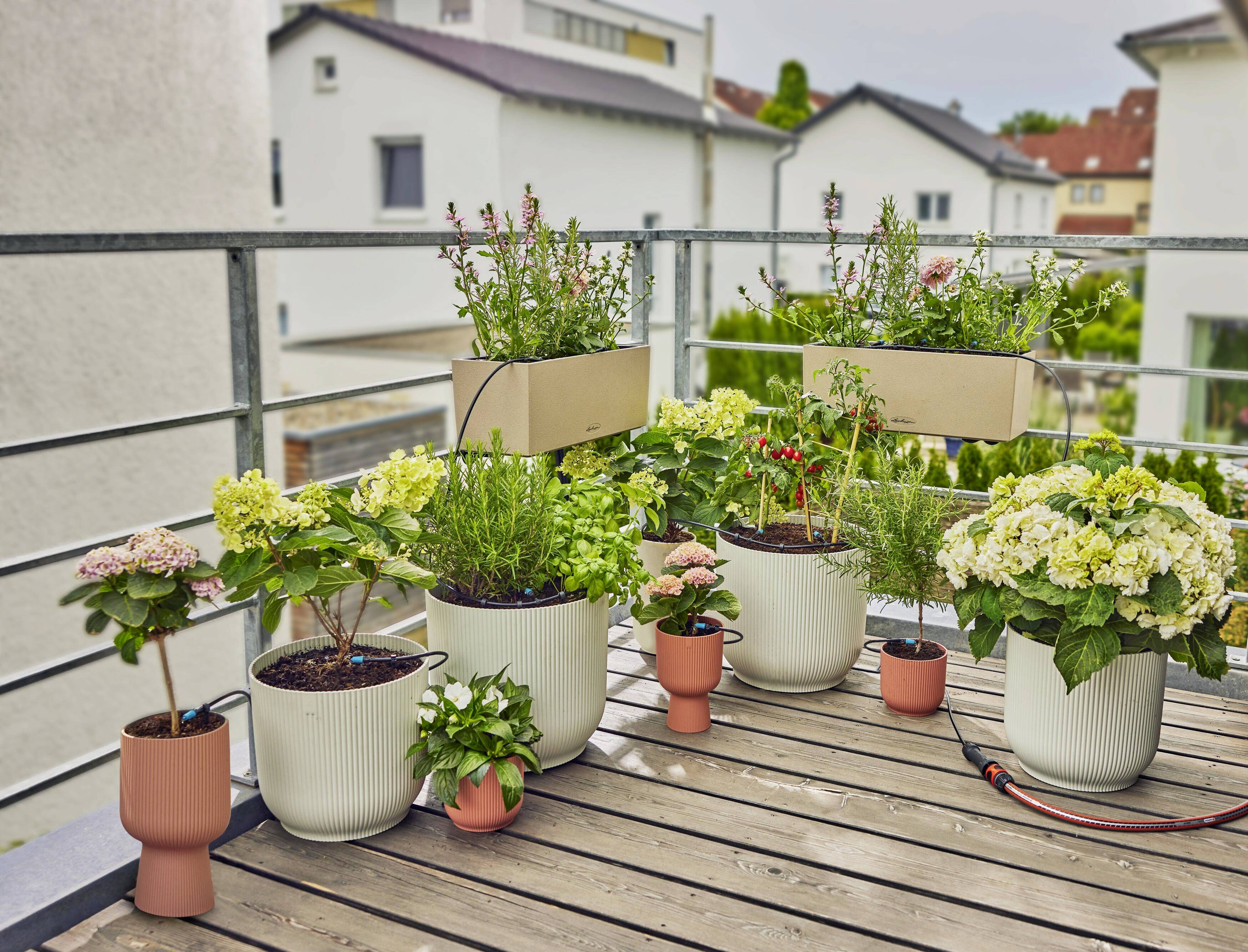 Växter och blommor i moderna krukor på en träbalkong utomhus, omgivna av bostadshus, under en lätt molnig himmel.