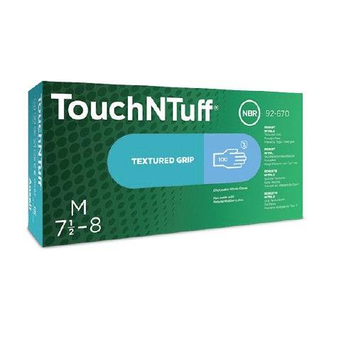 En grön förpackning med 'TouchNTuff' engångshandskar, storlek M, 7 1/2 - 8, tillverkade av nitril med texturerat grepp, innehåller 100 stycken.