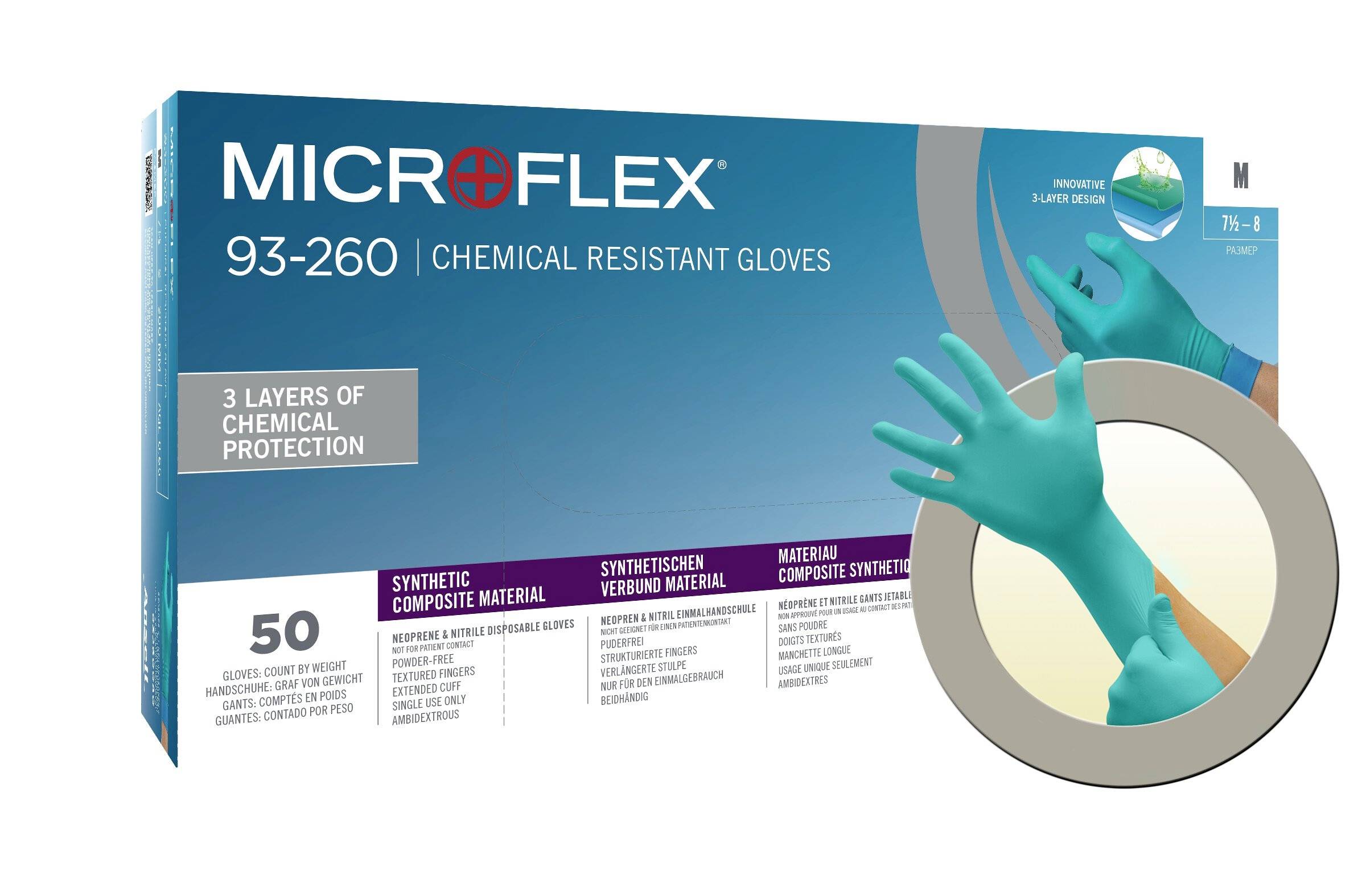 Förpackning med kemikalieresistenta handskar 'MICROFLEX 93-260', blå färg, storlek M, 50 stycken, tre skyddsskikt.