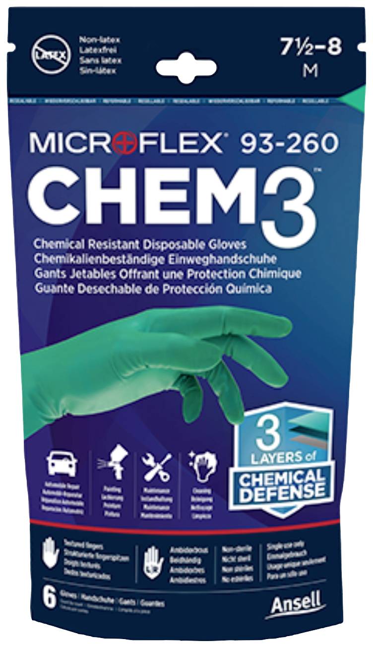 Förpackning för Mikroflex CHEM3 engångshandskar, kemikalieresistenta, storlek M. Bilden visar en grön handske, text på flera språk.