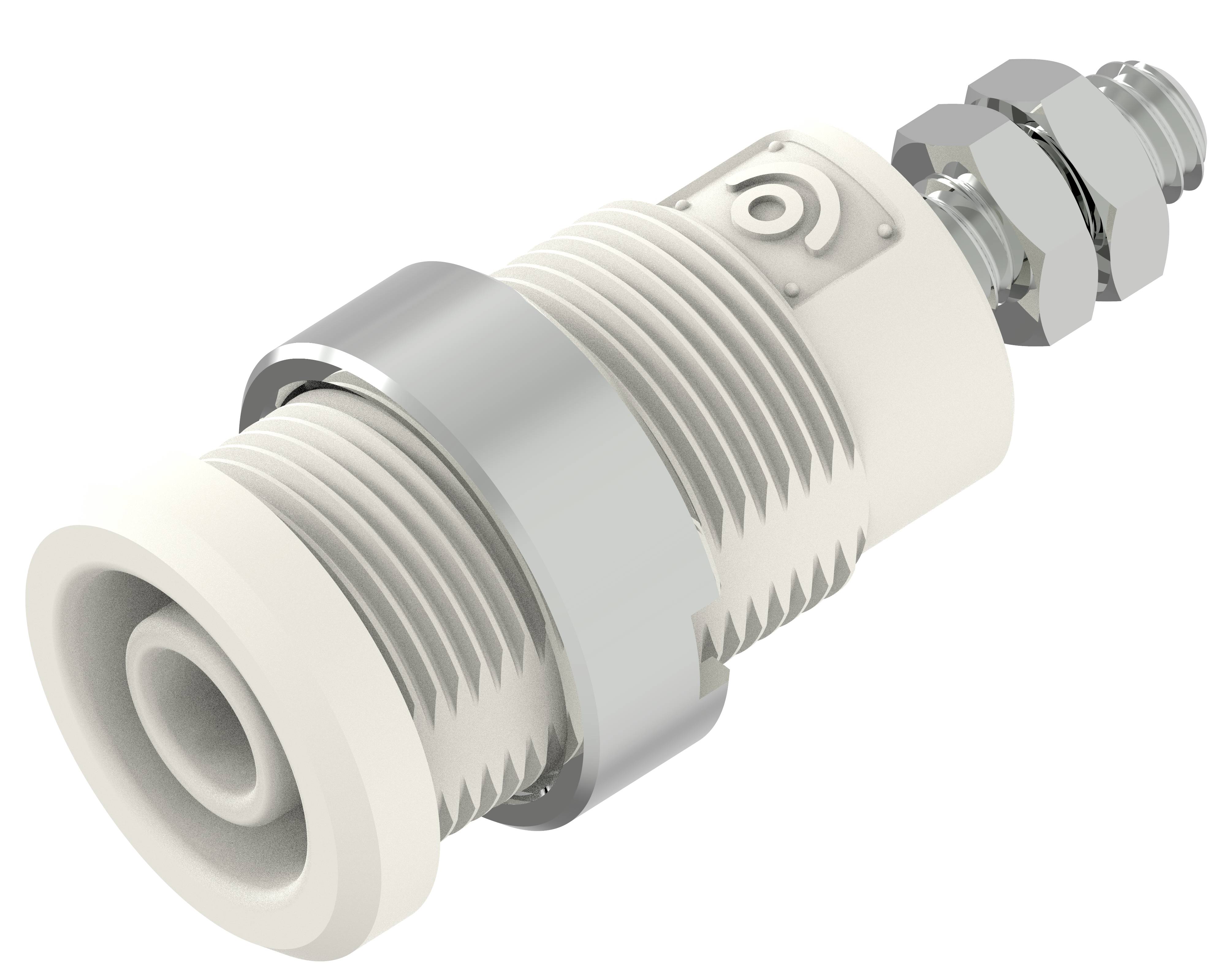En vit, cylindrisk pneumatisk ljuddämpare med metallgänga och sexkantig skruvförbindning.