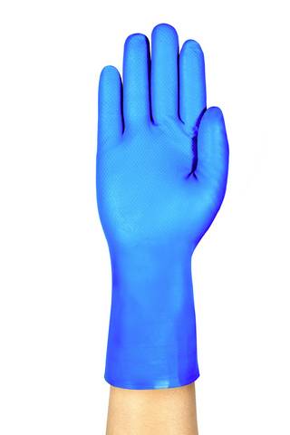 En blå engångshandske bärs på en hand med handflatan vänd framåt.