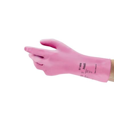 En rosa gummihandske bärs på en hand som är lätt lutad uppåt. Skyddssymboler syns på handryggen.