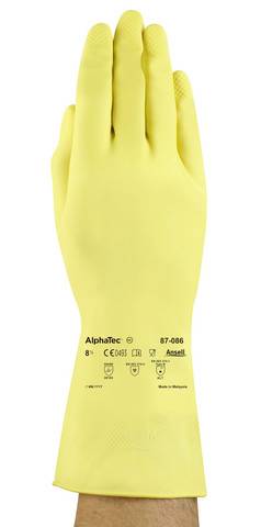Gul skyddshandske av gummi som täcker hela handen. Olika symboler och texten 'AlphaTec 87-086' är tryckt på handsken.