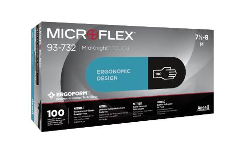 Svarta engångshandskar i en ask från Microflex, märkta '93-732 MidKnight Touch'. Ergonomisk design, storlek M.