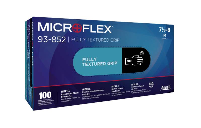 Förpackning av nitrilhandskar 'MICROFLEX 93-852'. Innehåller 100 helt texturerade engångshandskar, storlek M, puderfria.