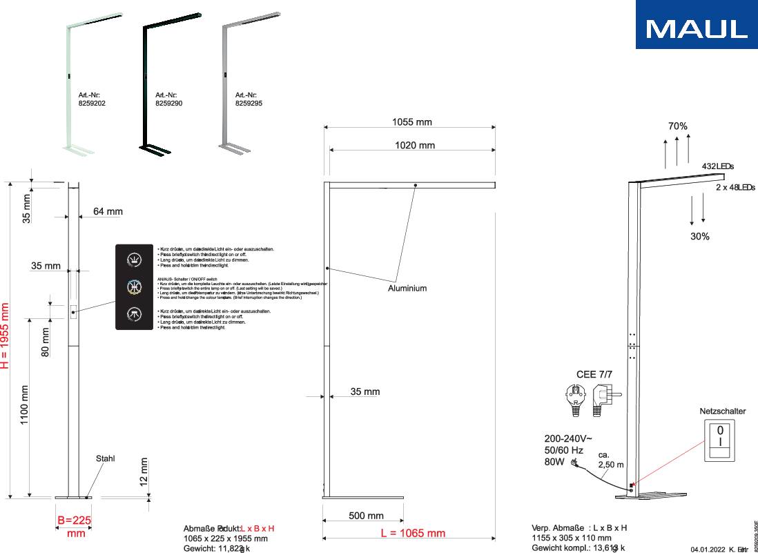 Teknisk teckning av ett golvstativ med mått. Logotypen 'MAUL' och produktnummer uppe till höger. Till vänster dimensioner för stativet: 225 mm djupt, 429 mm brett, 1438 mm högt.