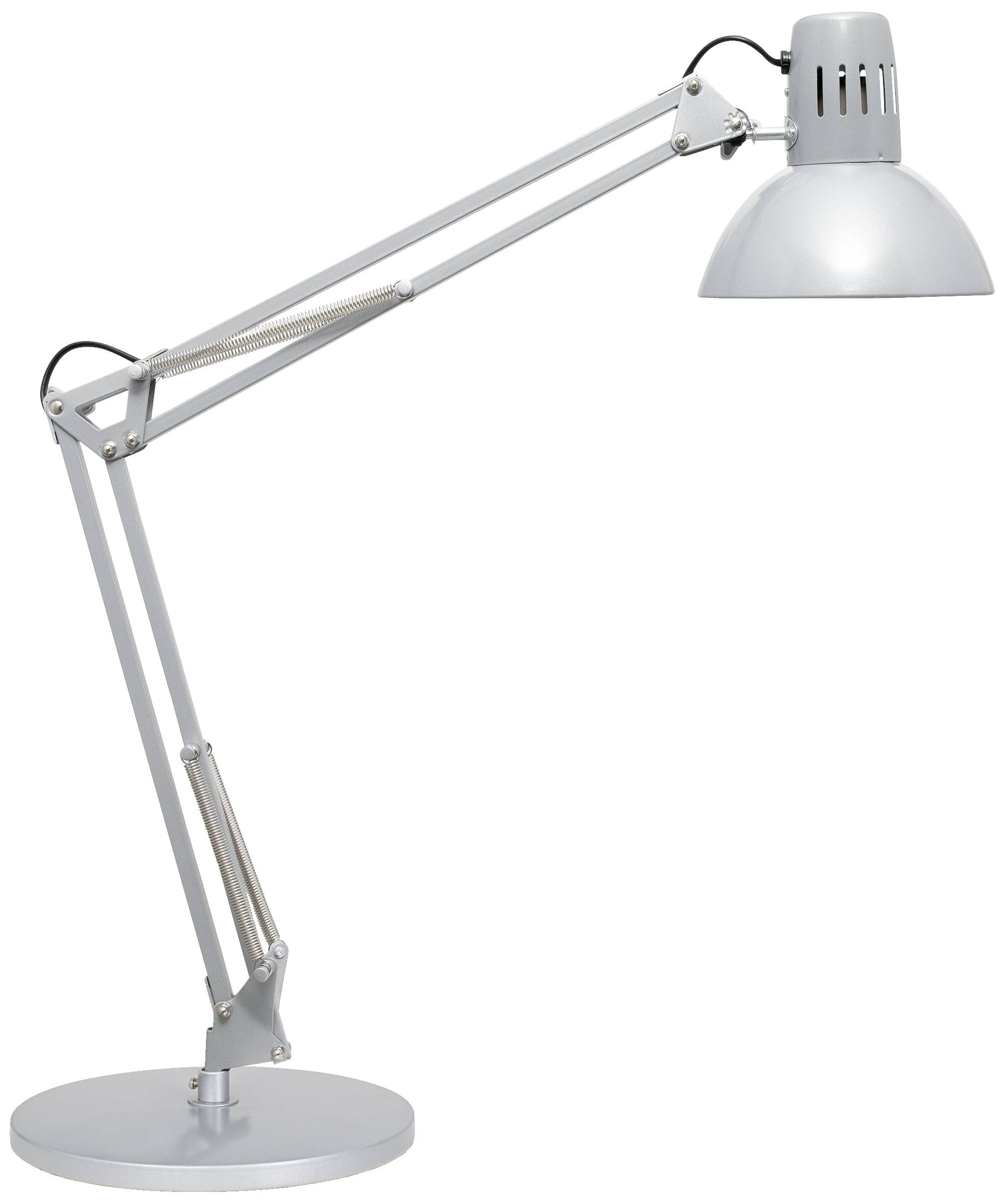 Silvrig skrivbordslampa med justerbar ledarm och rund bas, avsedd för riktad belysning på en arbetsyta.