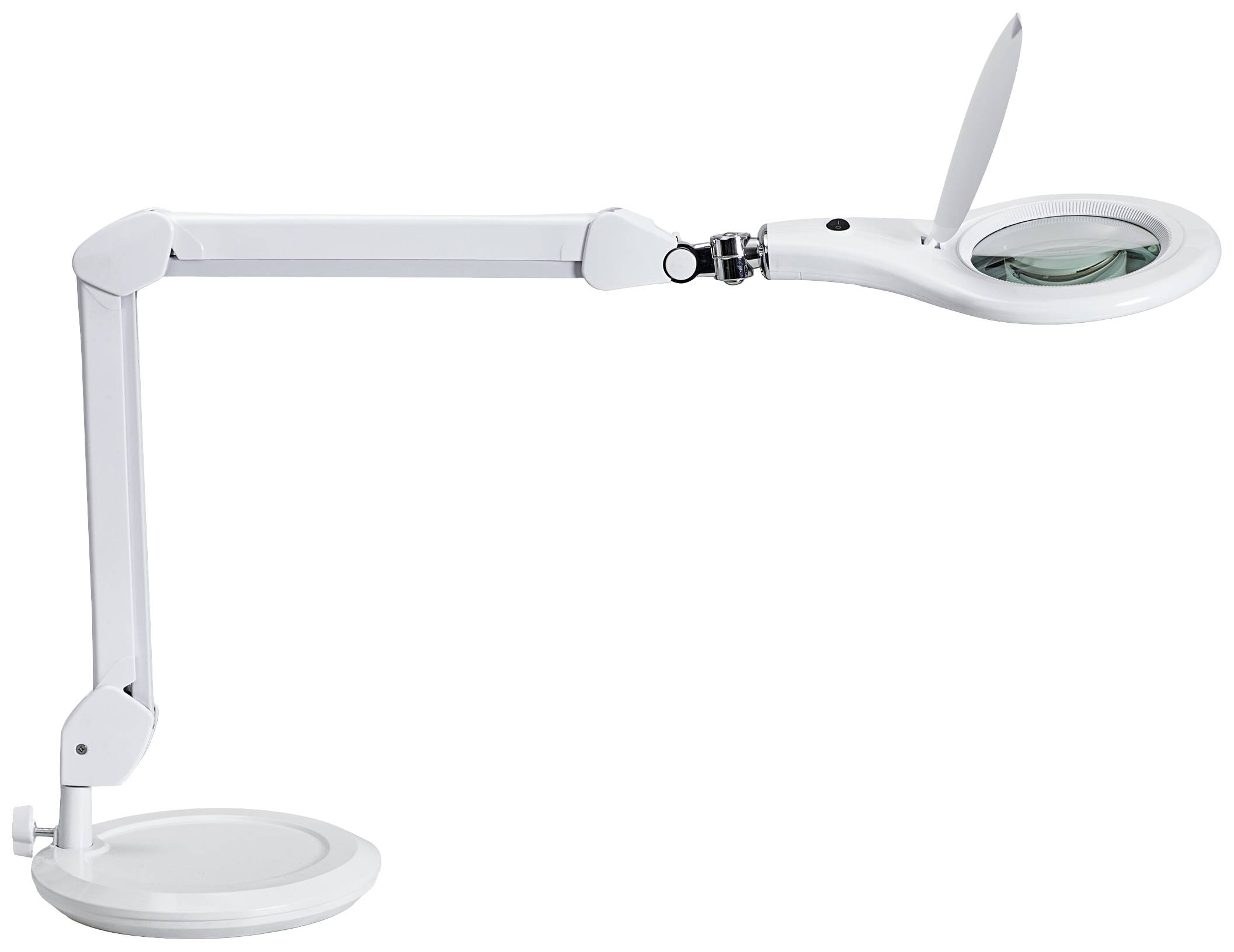 En vit LED-luplampa med flexibel arm och solid fot, utrustad med en cirkelformad lins för precisionsarbete.