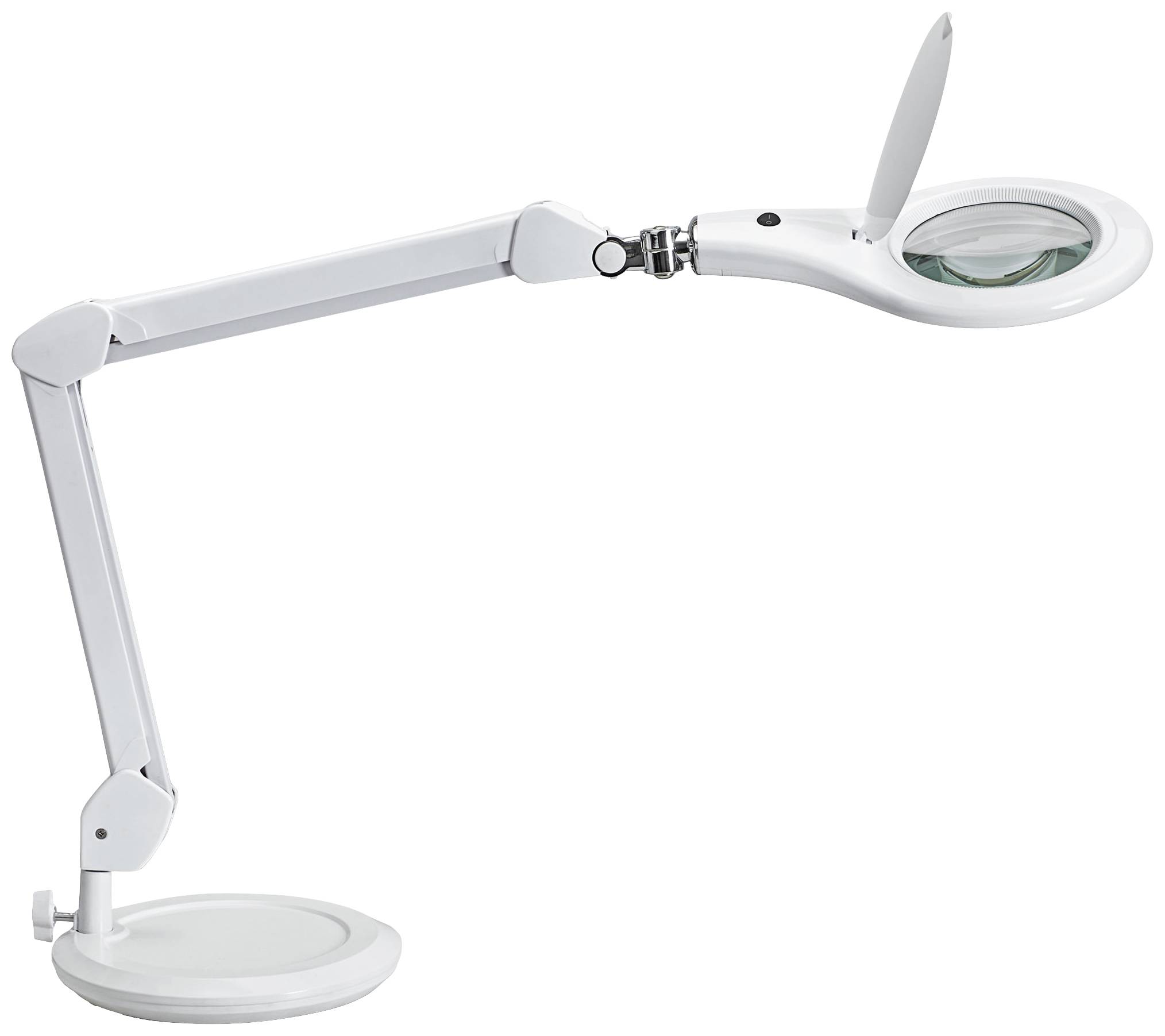 En vit bordslupa med justerbar arm, lämplig för detaljerade uppgifter inom hantverk eller vetenskap.