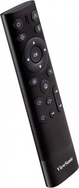 Fjärrkontroll med flera knappar, inklusive riktningsknappar och OK-knapp, från märket ViewSonic.