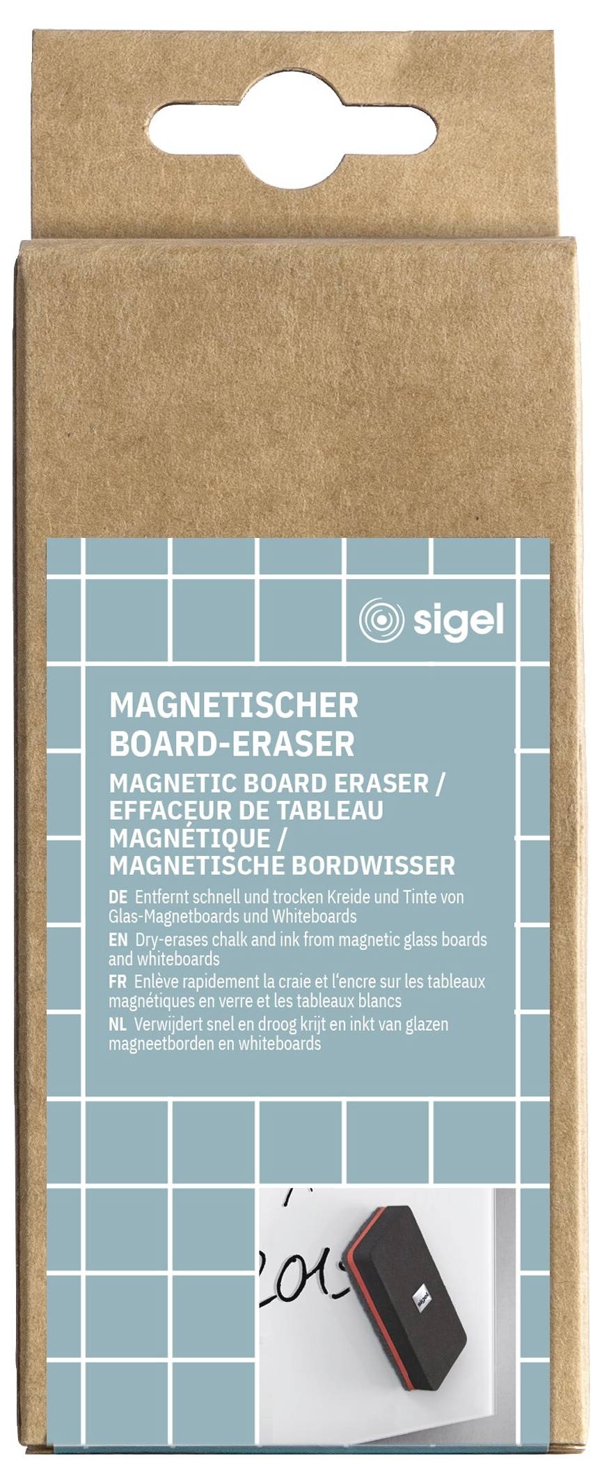 Kartongförpackning för en Sigel magnetisk bräderaderare, med turkos etikett som visar "MAGNETISCHER BOARD-ERASER" och en liten raderarbild.