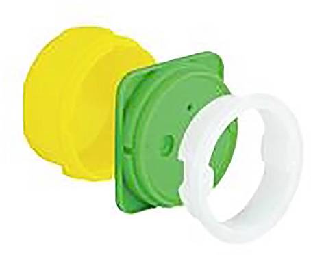 Gult, grönt och vitt plastdetalj som förbinds tredimensionellt. Huvudsakligen använd som teknisk komponent.