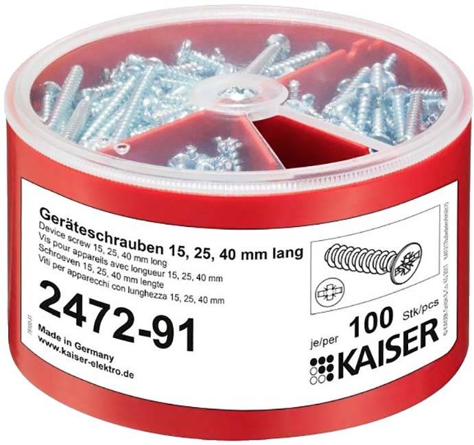 Rund låda med enhetsskruvar, längder: 15, 25, 40 mm. Förpackningsetikett visar produktdetaljer och tillverkarlogotyp 'KAISER'.