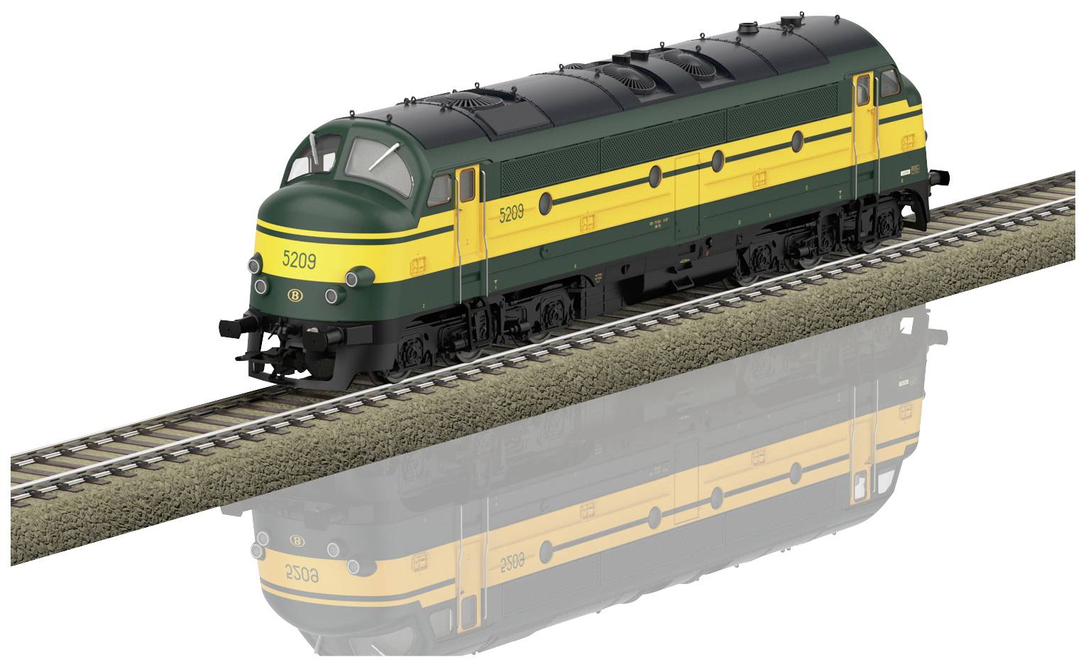 En modell av ett grönt och gult lok med nummer '5209' på ett spår. Lokomotivet är gestaltat på ett realistiskt sätt.