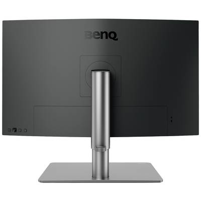 Bakvy av en BenQ-monitor med böjd skärm och silverfärgad fot, lämplig för professionella arbetsmiljöer.