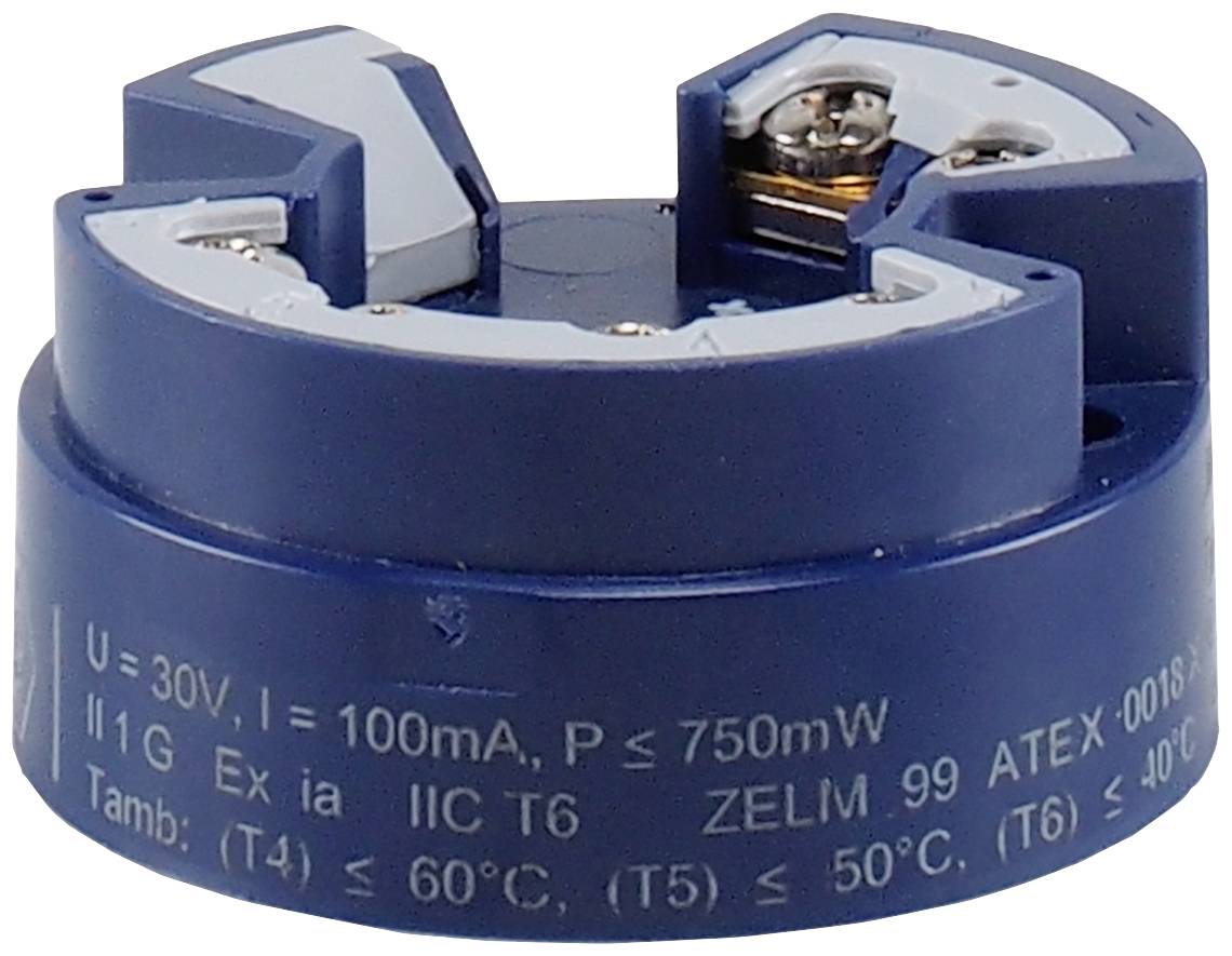 Blå elektrisk sensor med tekniska specifikationer på utsidan, inklusive spänning, strömstyrka och certifieringsdetaljer.
