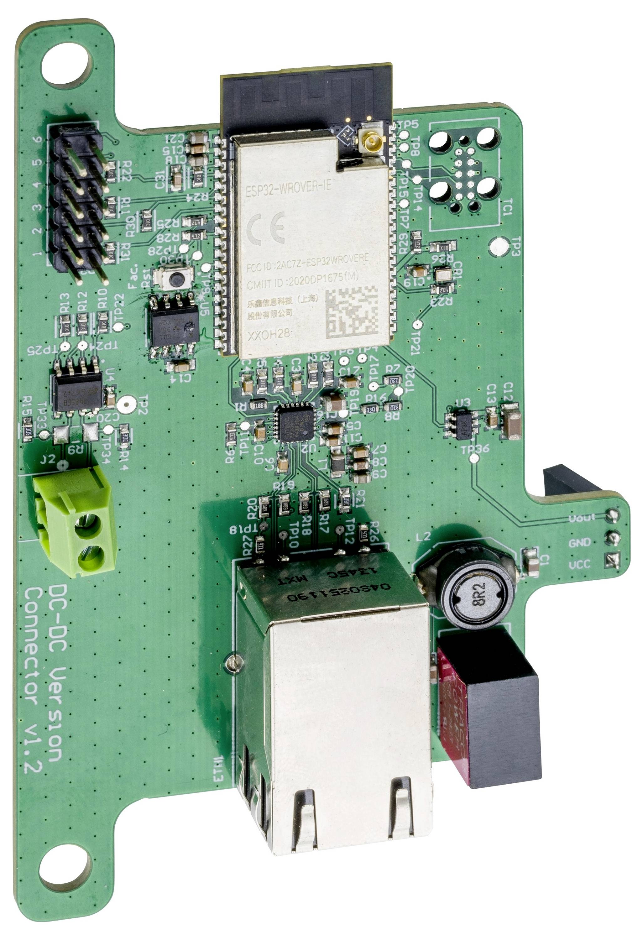 Elektronikkort med flera chips och anslutningar, inklusive en Ethernet-port. Text i marginalen: 'DC-DC Version Connector v1.2'.