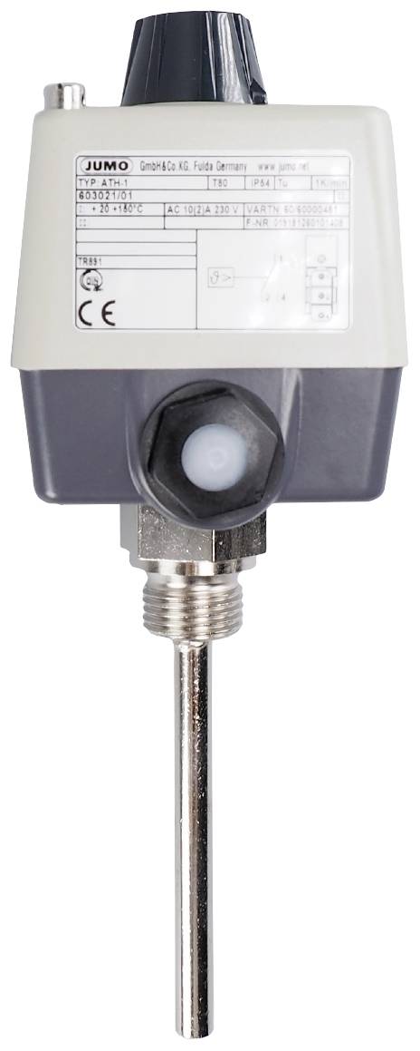 Temperatursensor med grått hölje, metallstång och etikett med tekniska specifikationer. Används för temperaturmätning.