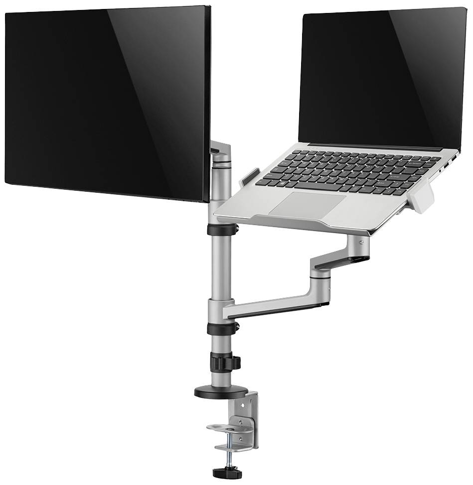 En dubbel monitorarm med fästen: en skärm till vänster och en bärbar dator till höger. Fäst vid ett skrivbord för optimal ergonomi.