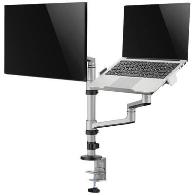 En dubbel monitorarm med fästen: en skärm till vänster och en bärbar dator till höger. Fäst vid ett skrivbord för optimal ergonomi.