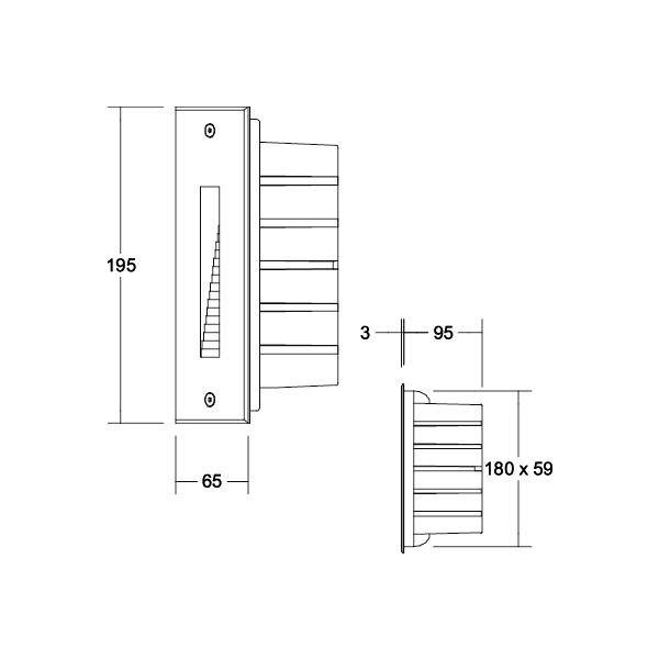 Teknisk ritning av ett ventilationsgaller med mått: höjd 195 mm, bredd 180 mm, djup 95 mm, monteringsmått: 65 mm.