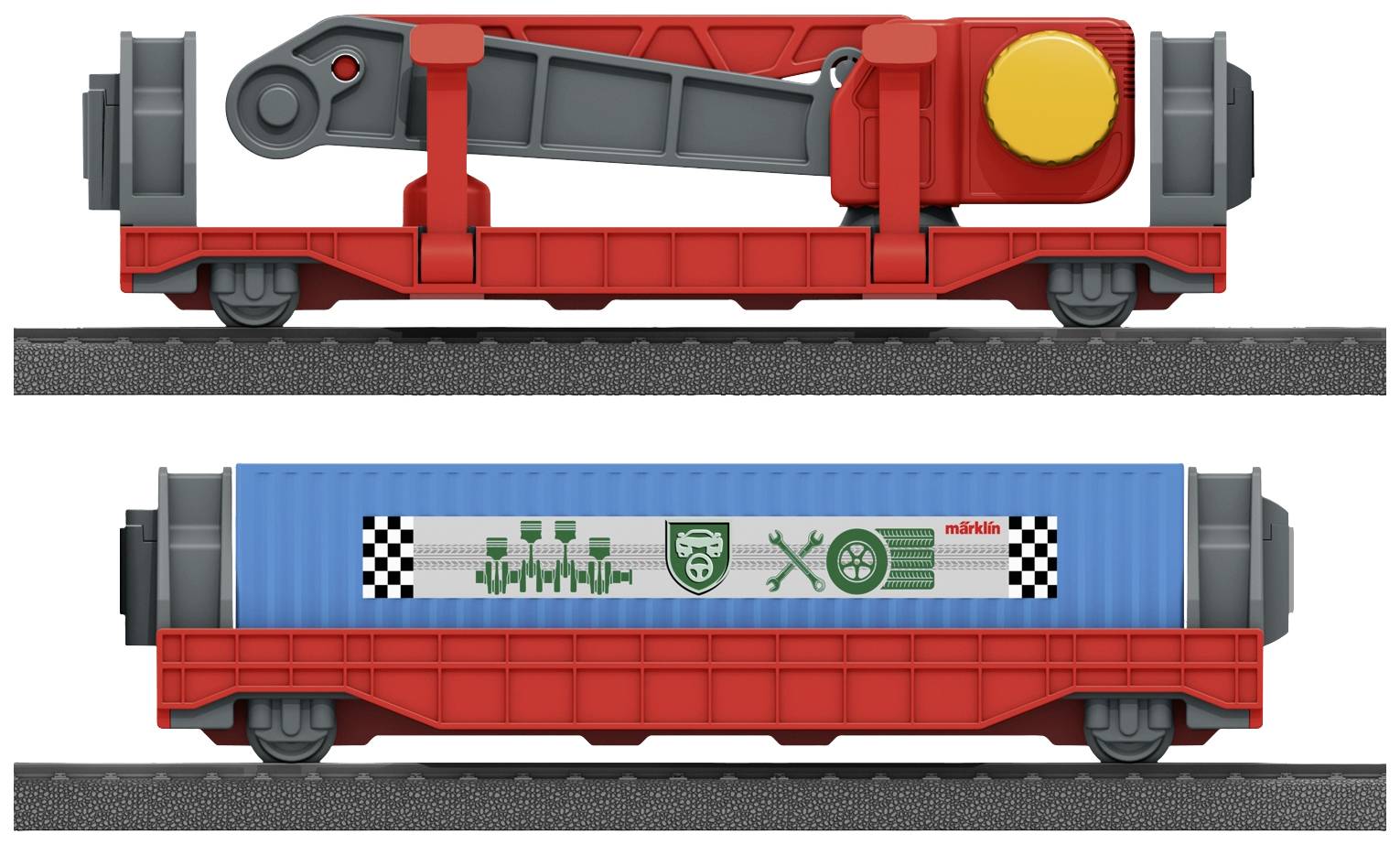 Två röda leksaks-vagnar på järnvägsspår. Den övre har en mekanisk arm, den nedre en container med symboler.