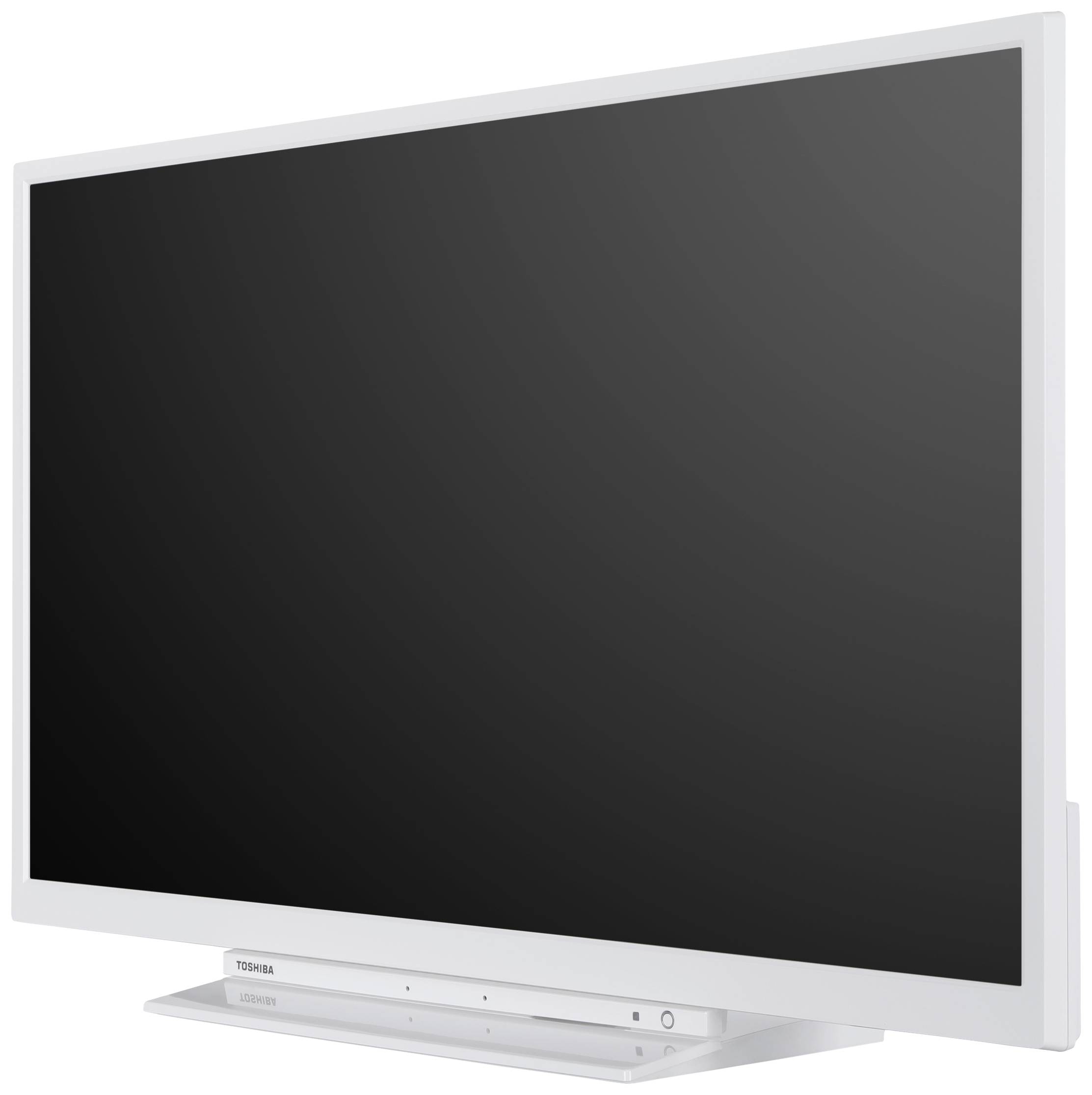 En modern, vitinramad platt-TV med svart skärm står på ett stativ.