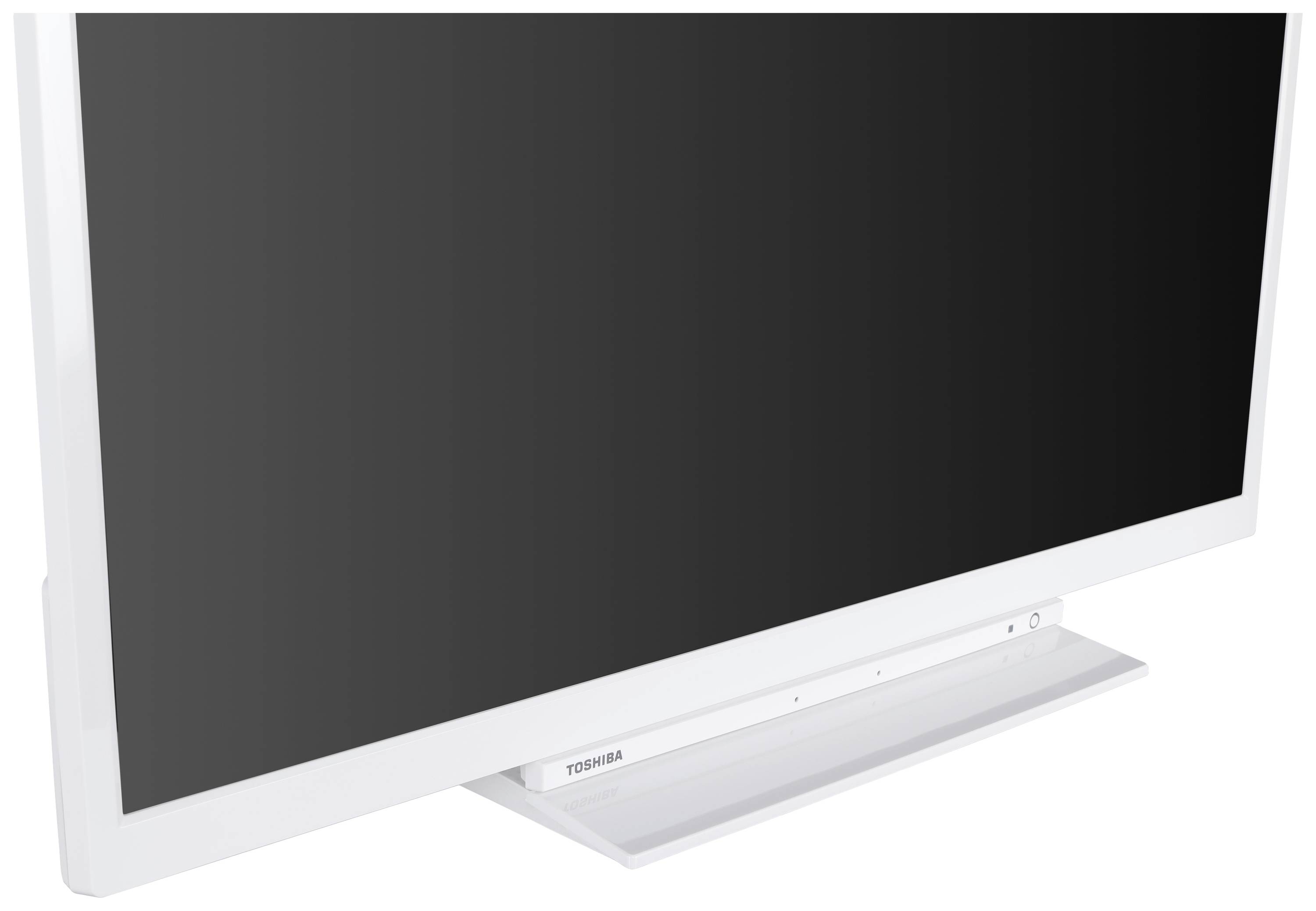 En vit platt-TV från märket Toshiba, fotograferad snett från sidan, med svart skärm.