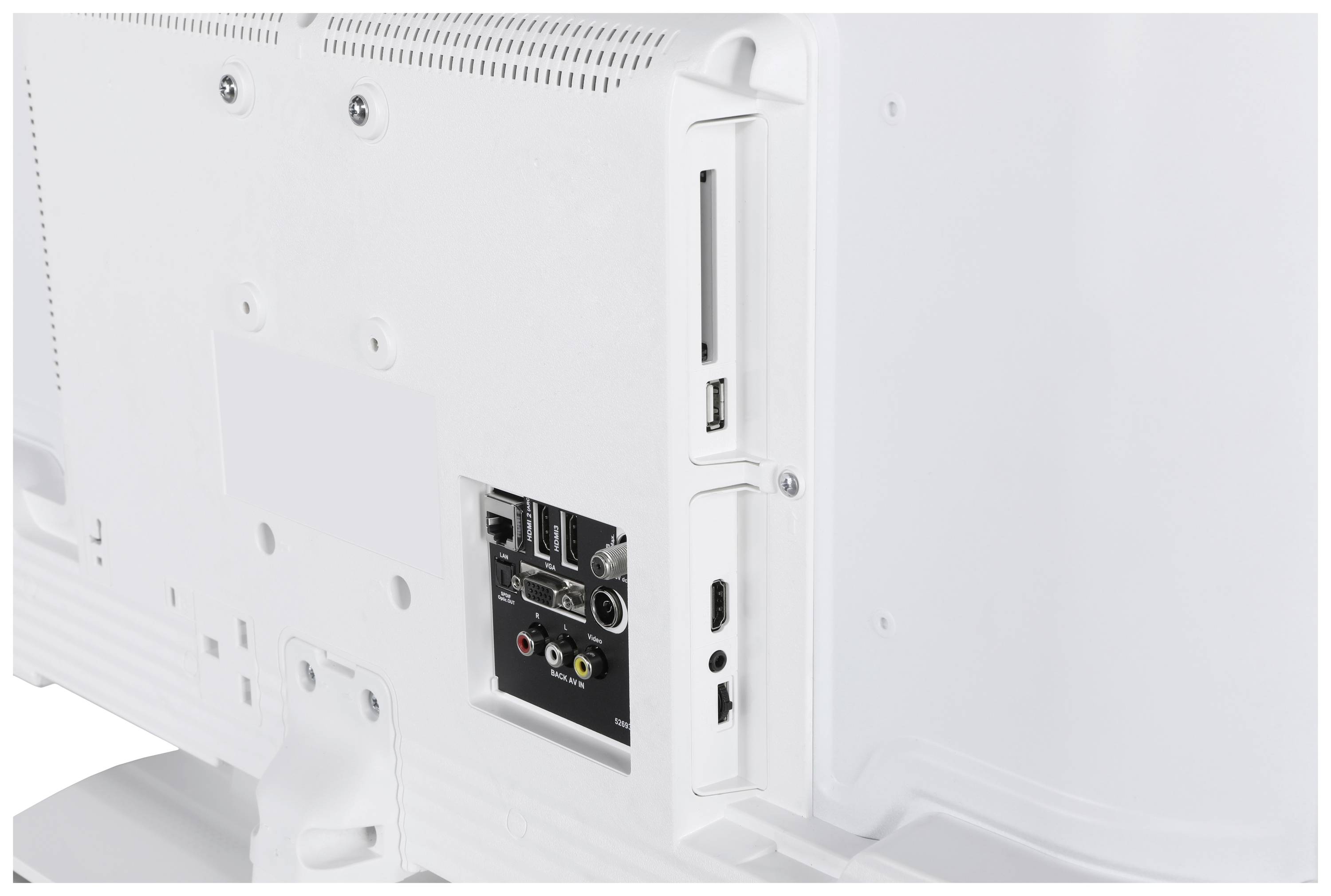 Baksidan av en vit TV med anslutningar: HDMI, USB, Audio och Video. Plats för minneskort och USB-port synlig.