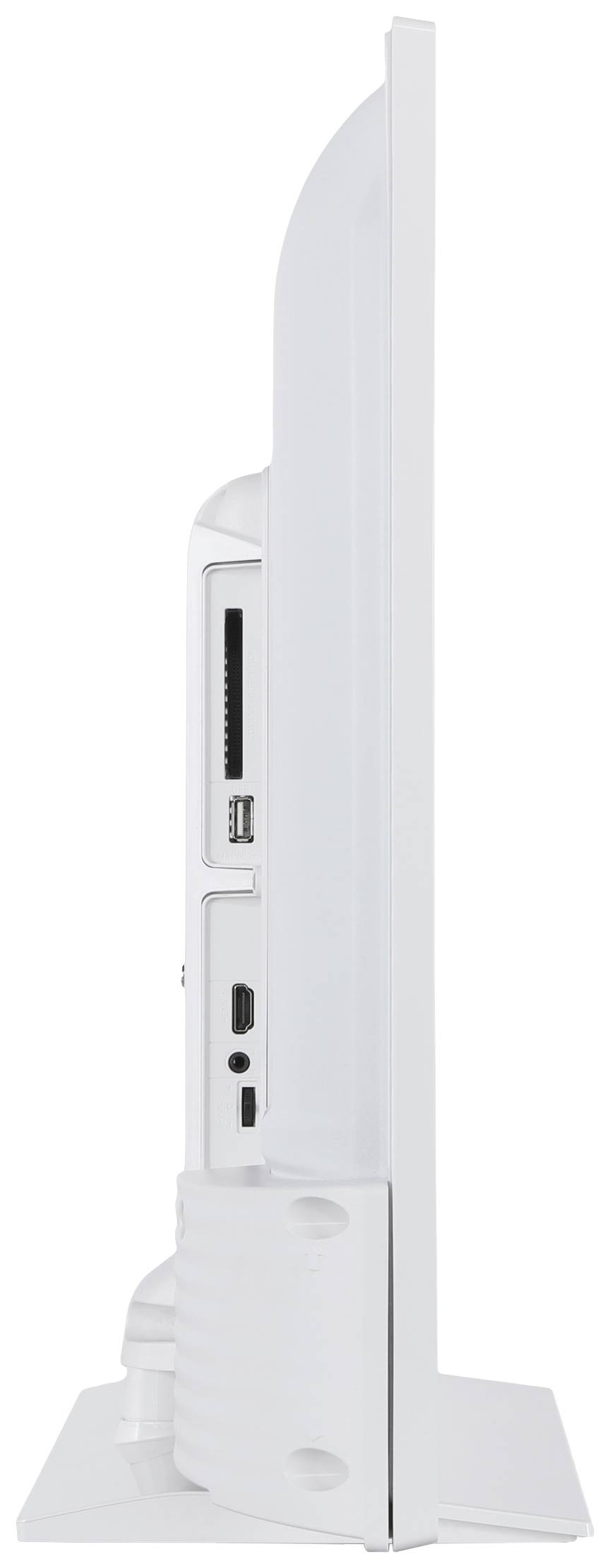 Sidovy av en vit monitor med synliga anslutningar som USB och HDMI. Enheten står på ett stabilt stativ.