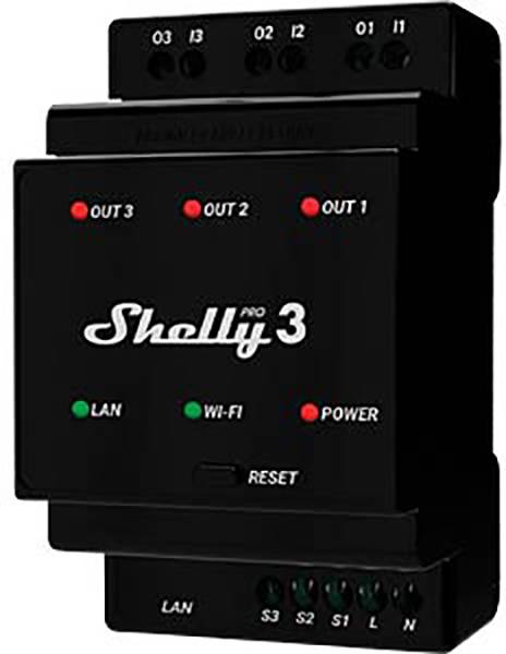 Svart enhet märkt 'Shelly Pro 3', visar statuslampor för 'LAN', 'Wi-Fi' och 'Power', samt tre 'OUT'-anslutningar.