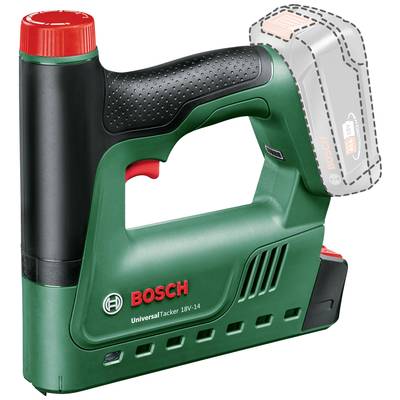 Elektrisk häftpistol i grönt och svart, med röd avtryckare. Märke 'Bosch', modell 'UniversalTacker 18V-14'. Batteridrift.