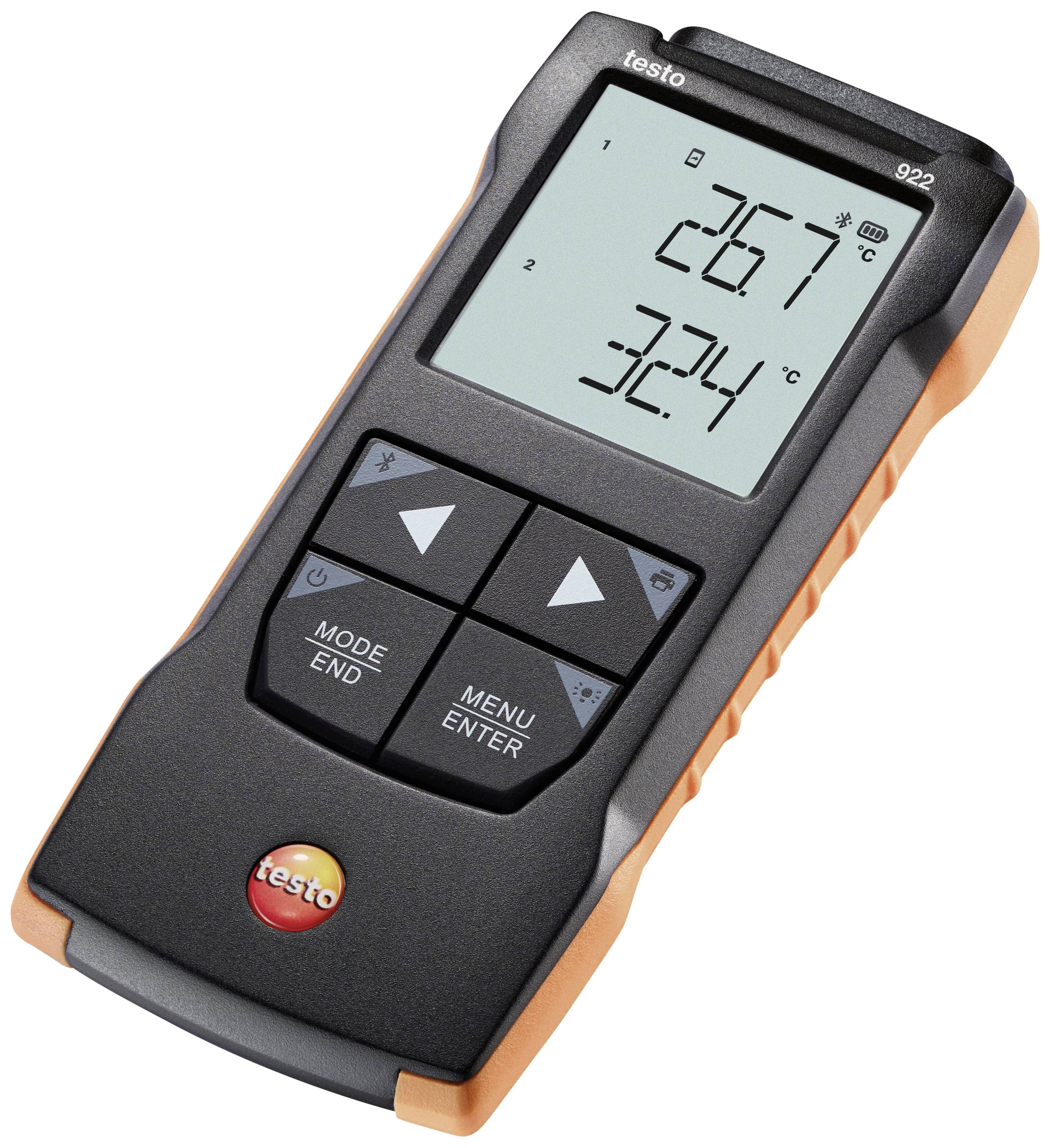 Digitalt termometer med två temperaturvisningar i grader Celsius. Enheten har manöverknappar och är svart med orange accenter.