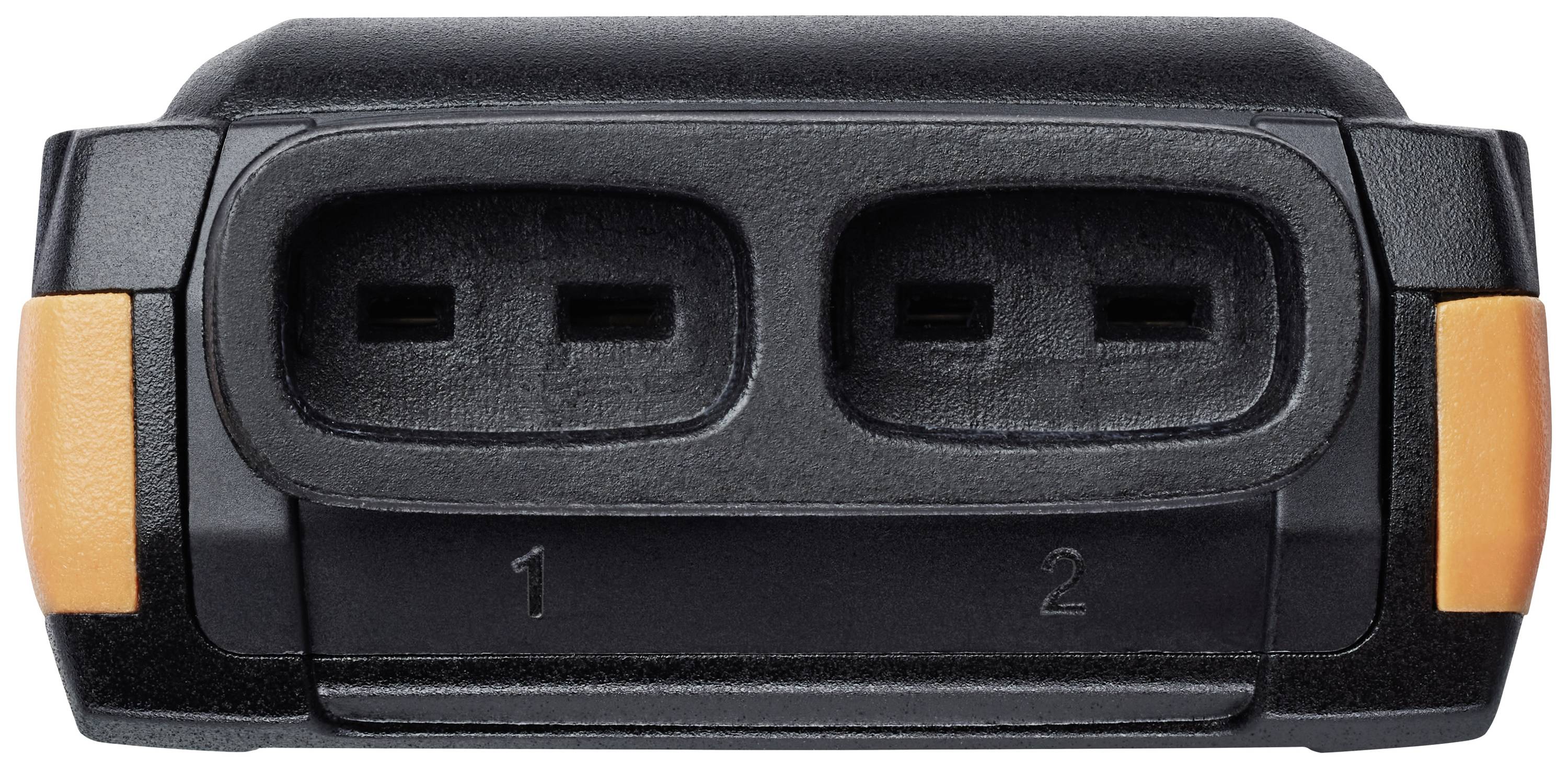 Svart-orange elektronisk enhet med två eluttag, numrerade med '1' och '2'.