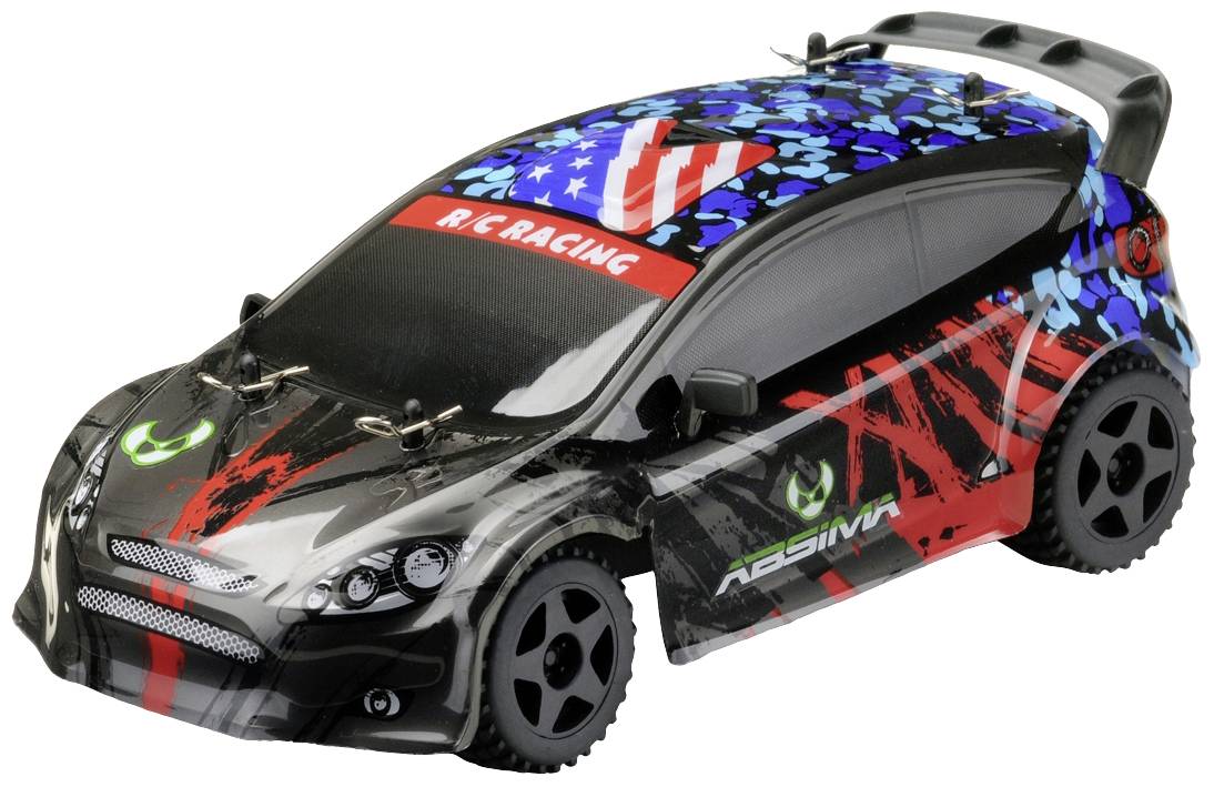 Leksaksbil i racingdesign med svart-rött mönster, blå accenter och 'RC Racing' text på vindrutan.