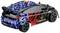 En färgglad, fjärrstyrd bil med ett blått, rött och svart mönstrat design står på sidan, visad i närbild.