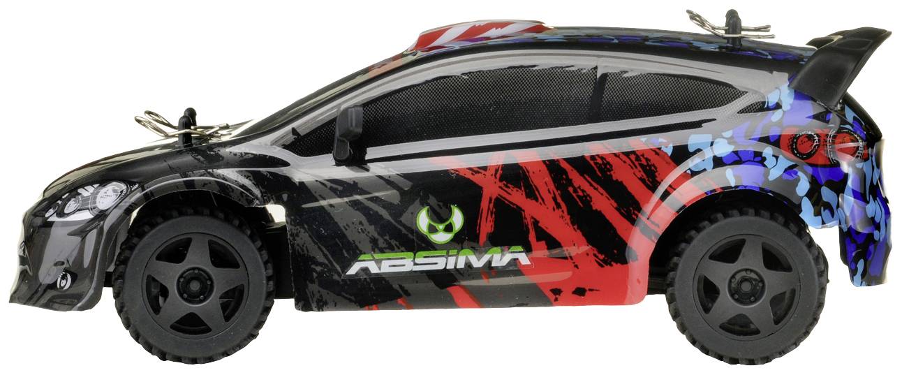 En fjärrstyrd bil med sportig design, övervägande svart med röda och blå accenter. Den har stora svarta hjul.