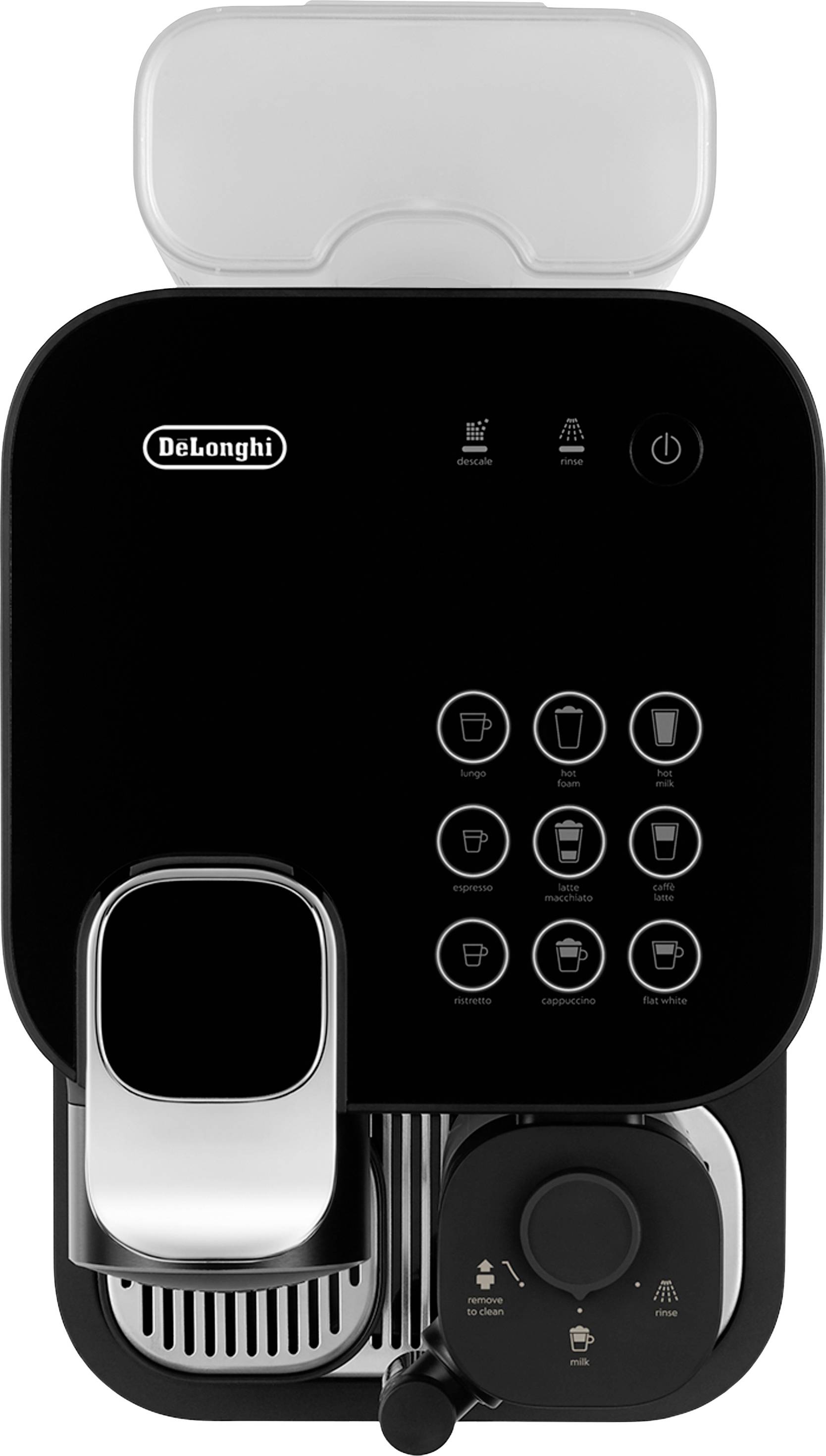 Kaffemaskin sedd ovanifrån, svart, med kontrollpanel och flera knappar för olika kaffealternativ.