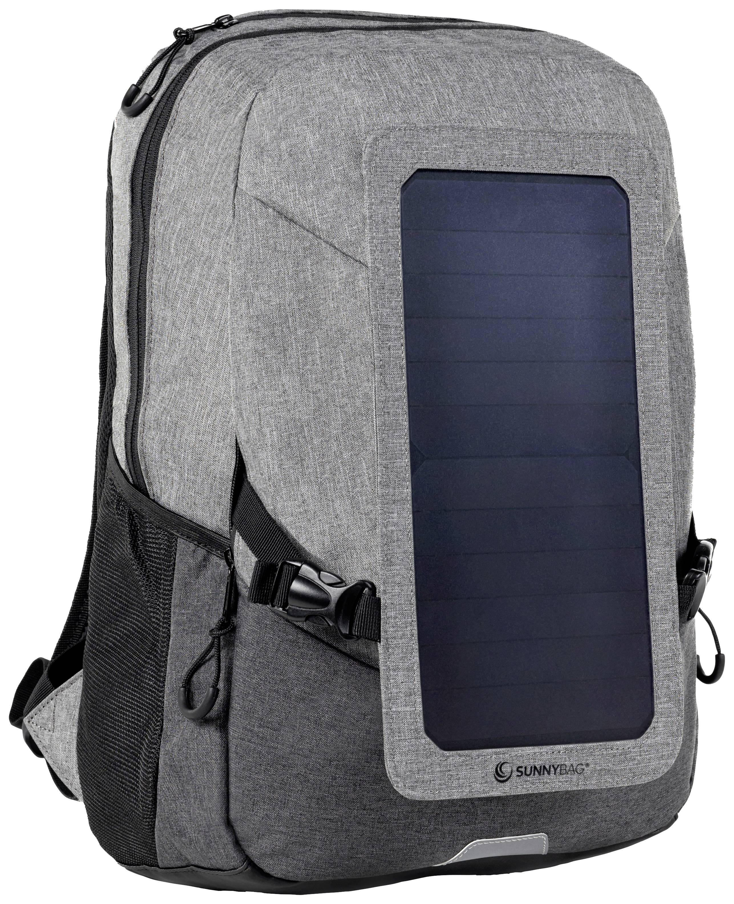 Grå ryggsäck med integrerad solpanel på framsidan. Sidofickor och spännen för storleksjustering.