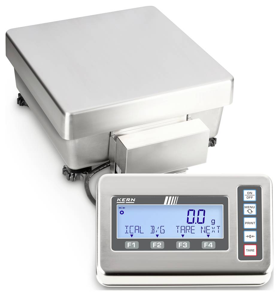 Våg med digital display som visar 0,0 g. Kontrollknappar: PÅ/AV, LÄGE, SKRIV UT, NETTO, TARA. Lämplig för precisvägning.