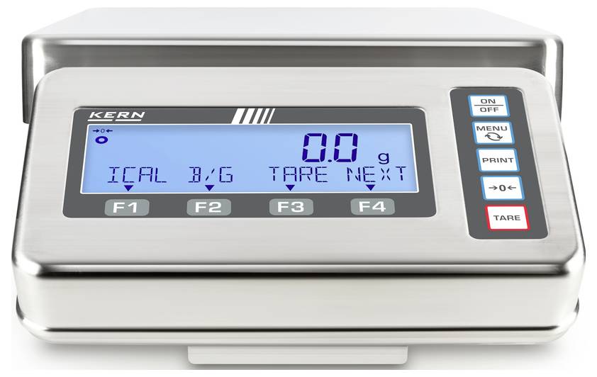 Elektronisk våg med digital display som visar '0,0 g'. Kontrollpanel med funktionsknappar F1-F4 och olika menyalternativ.