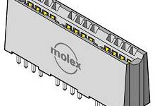 En rektangulär, grå Molex-kontakt med flera gula kontakter är avbildad. Kontakten har metallstift på undersidan.