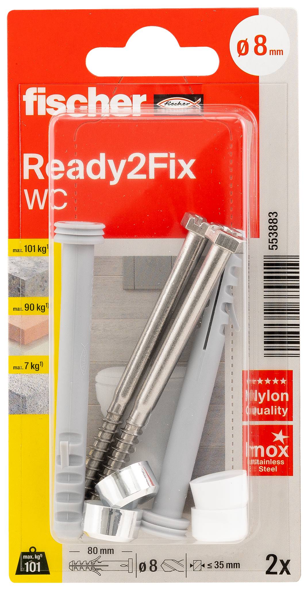 Förpackning för Fischer Ready2Fix WC väggankare, innehållande två rostfria ankare och plastfästelement för 8 mm hål, mängd 2.